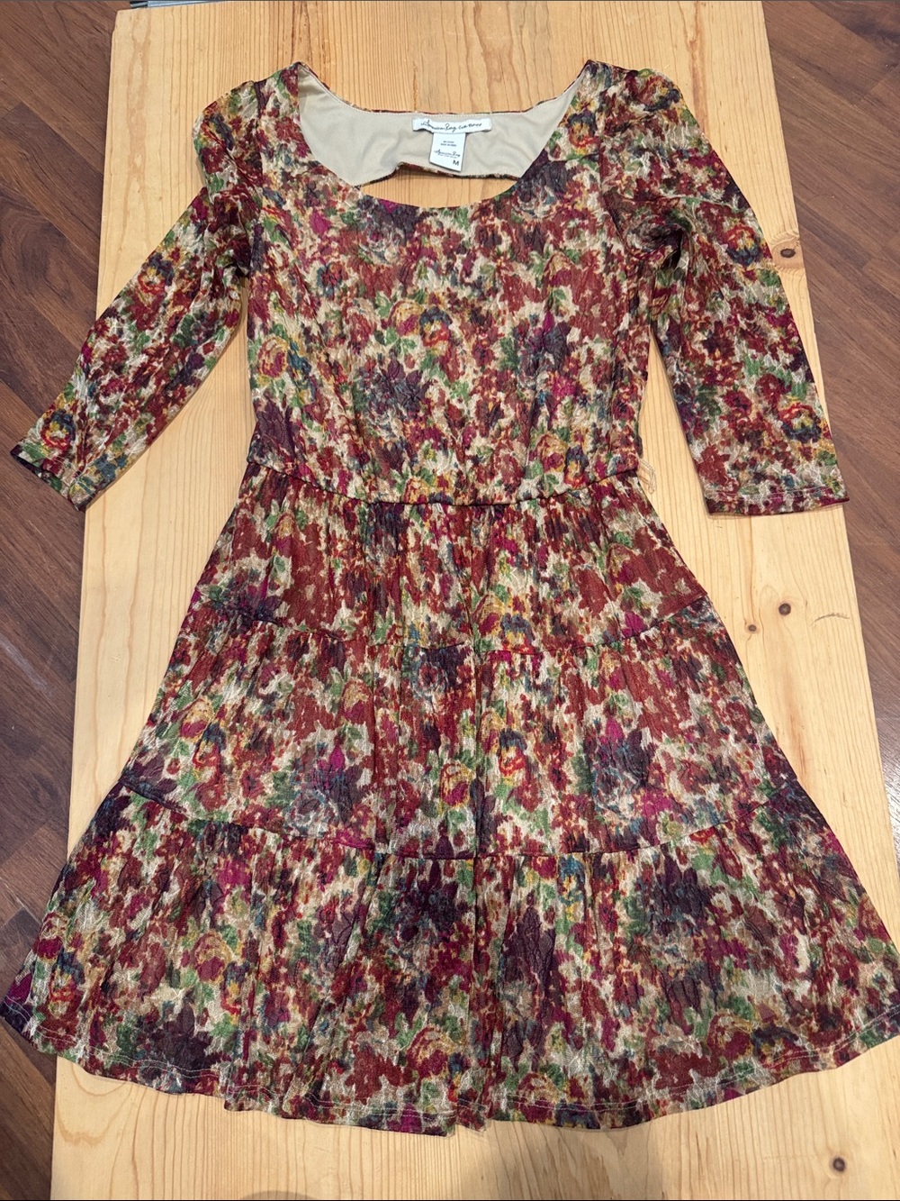 AMERICAN RAGS- Floral Tiered Dress in Burgundy, Green and Cream